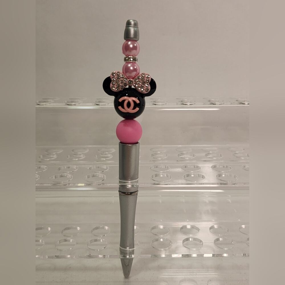 Inspired Beaded Pen with Pink Minnie-Logo Accent
